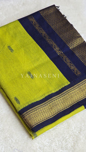 Kalyani Cotton Saree - Gold Zari : Lime Green x Dark Blue