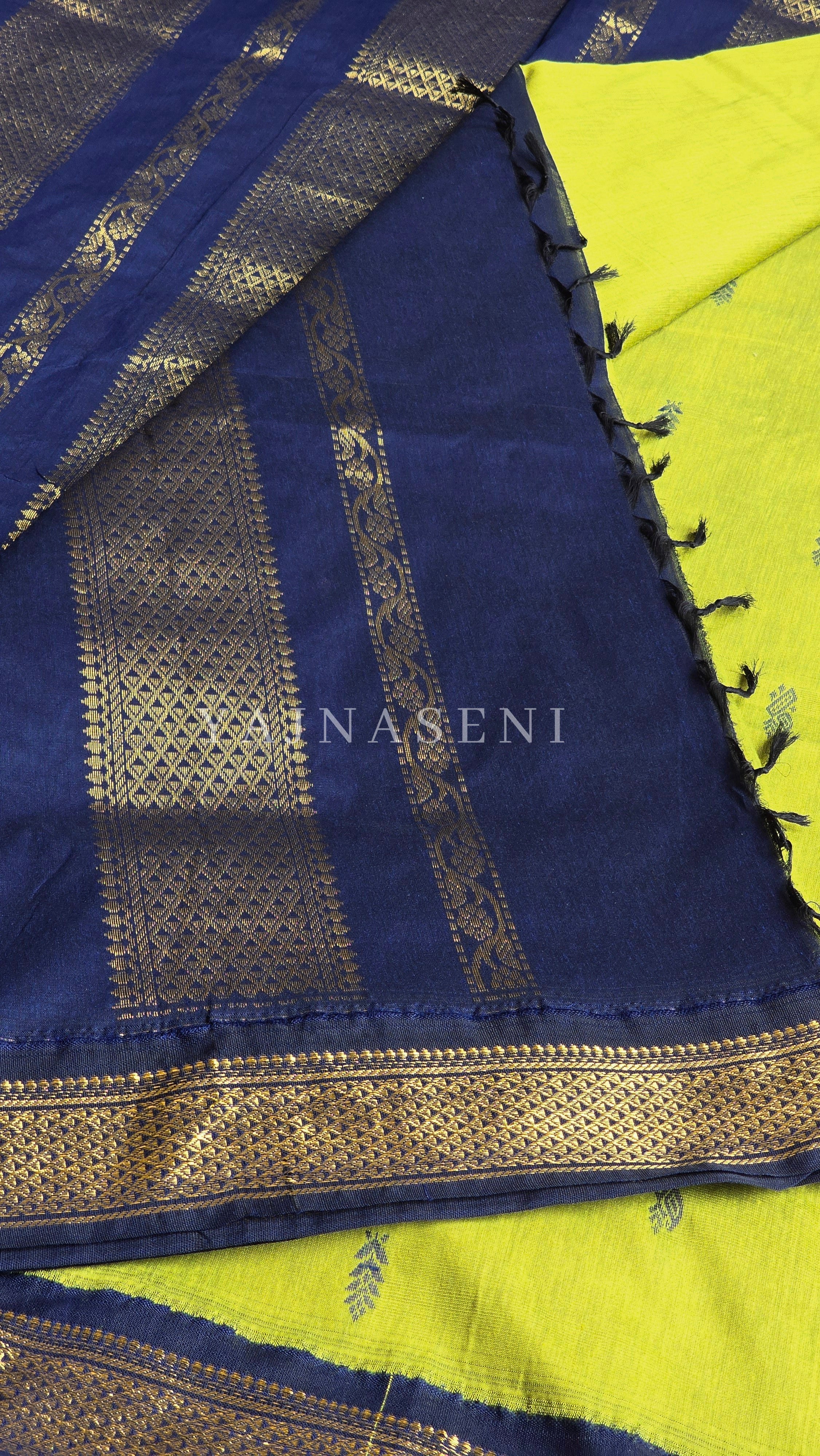 Kalyani Cotton Saree - Gold Zari : Lime Green x Dark Blue