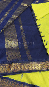 Kalyani Cotton Saree - Gold Zari : Lime Green x Dark Blue