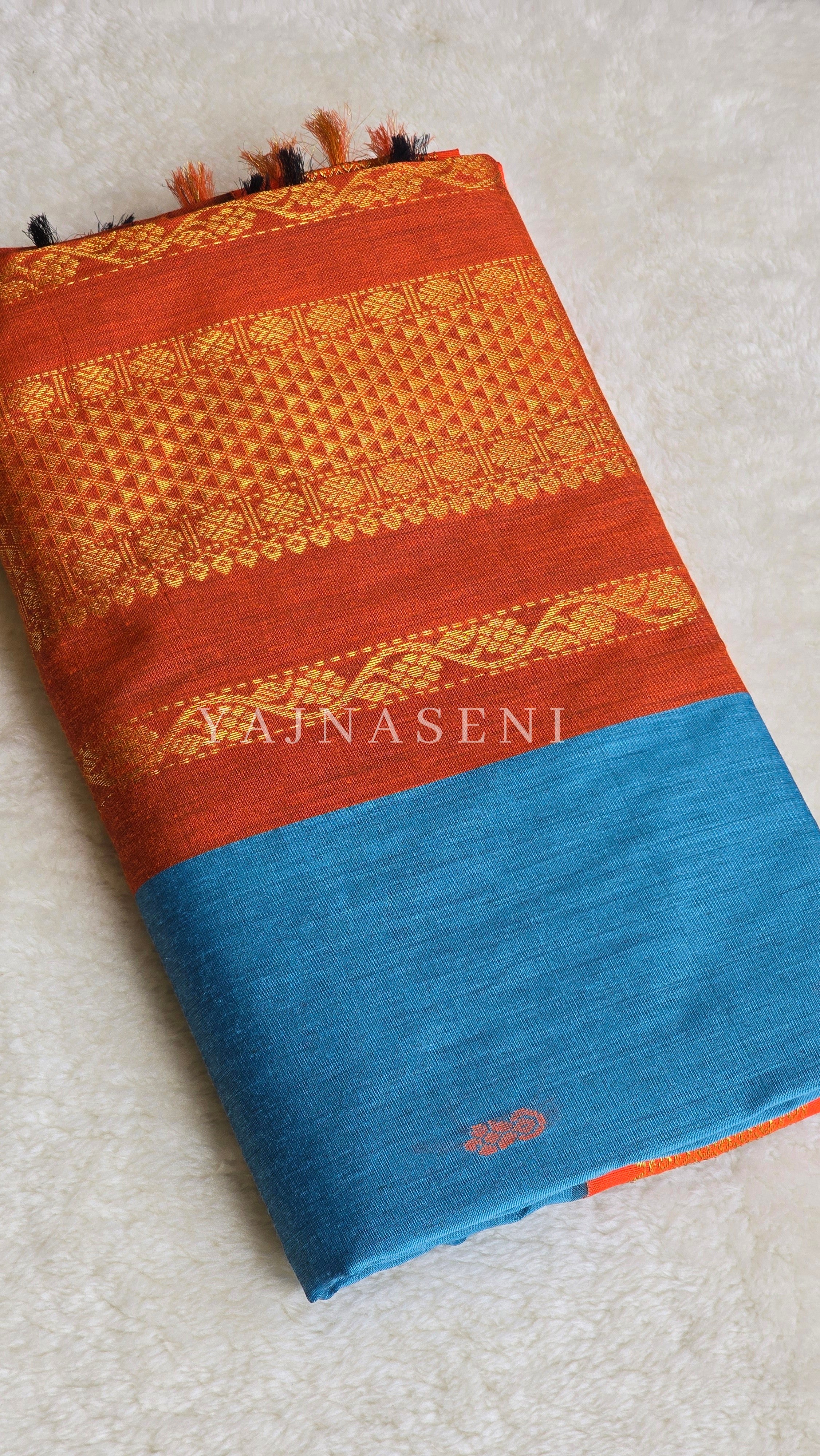 Kalyani Cotton Saree - Gold Zari : Cerulean Blue x Orange