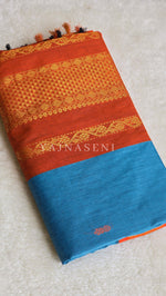 Load image into Gallery viewer, Kalyani Cotton Saree - Gold Zari : Cerulean Blue x Orange
