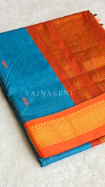 Load image into Gallery viewer, Kalyani Cotton Saree - Gold Zari : Cerulean Blue x Orange
