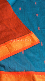Load image into Gallery viewer, Kalyani Cotton Saree - Gold Zari : Cerulean Blue x Orange
