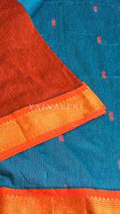 Kalyani Cotton Saree - Gold Zari : Cerulean Blue x Orange