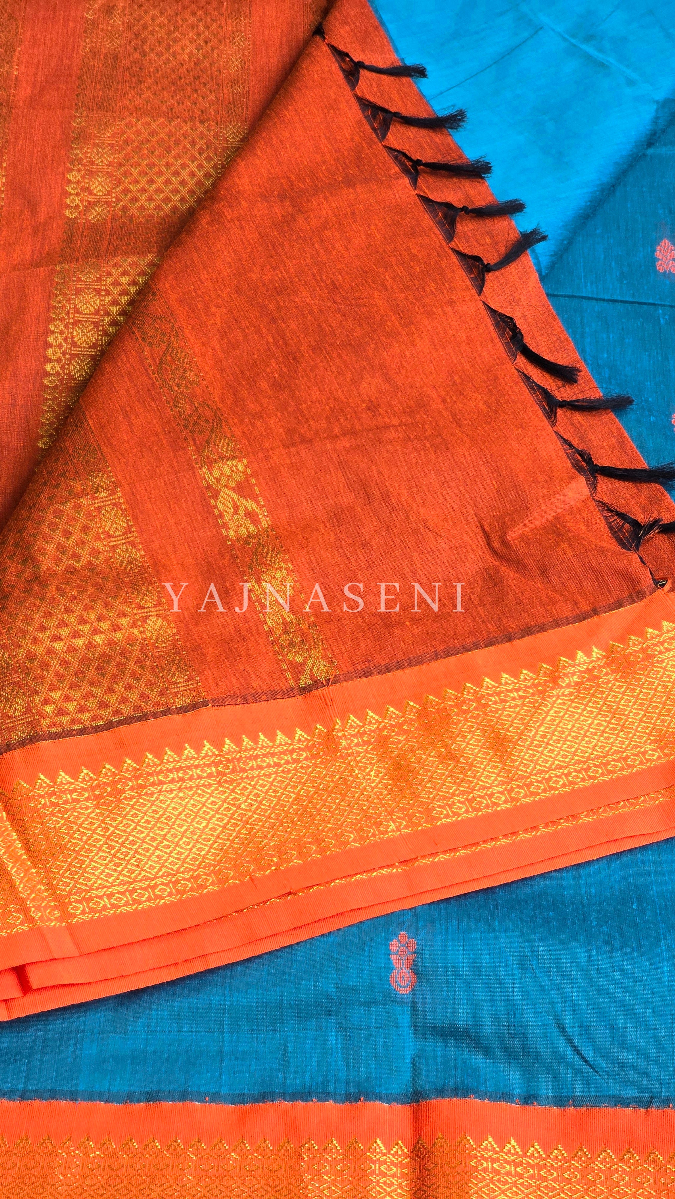 Kalyani Cotton Saree - Gold Zari : Cerulean Blue x Orange