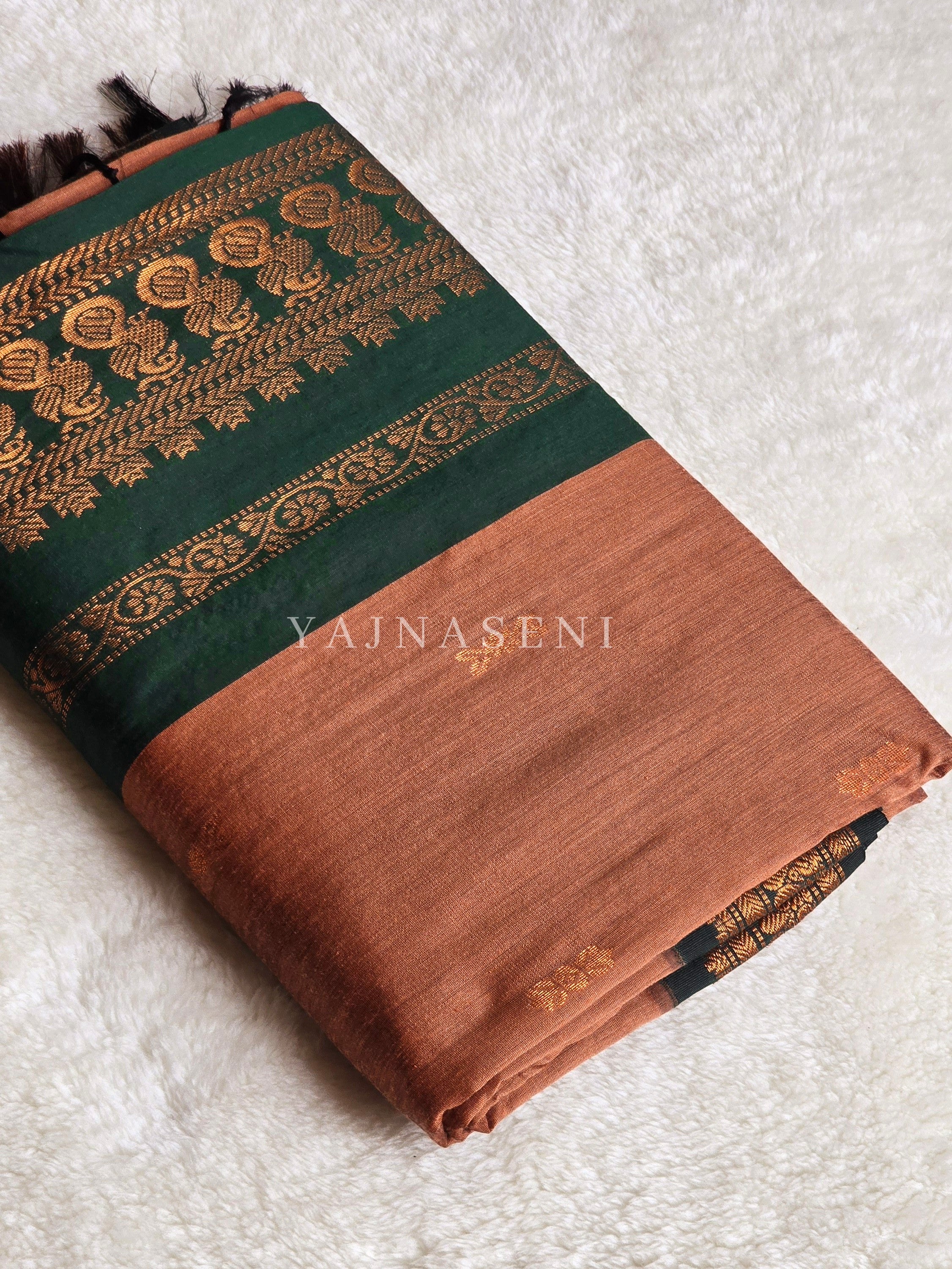 Kalyani Cotton Saree - Copper Zari : Dark Peach x Dark Green