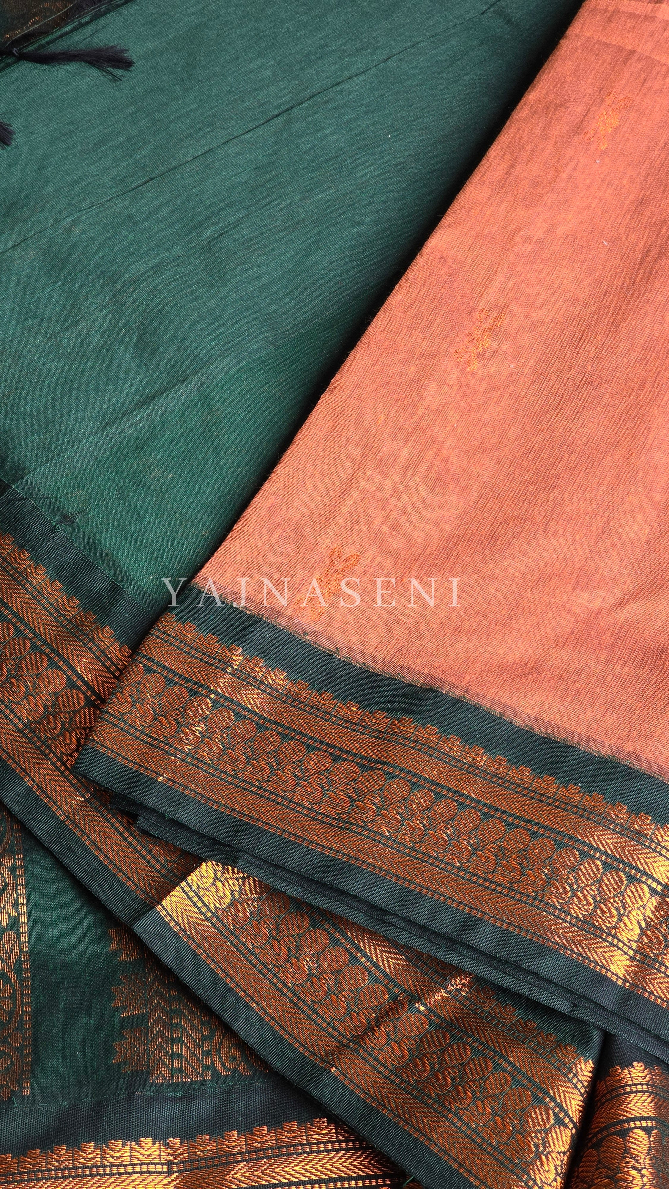 Kalyani Cotton Saree - Copper Zari : Dark Peach x Dark Green