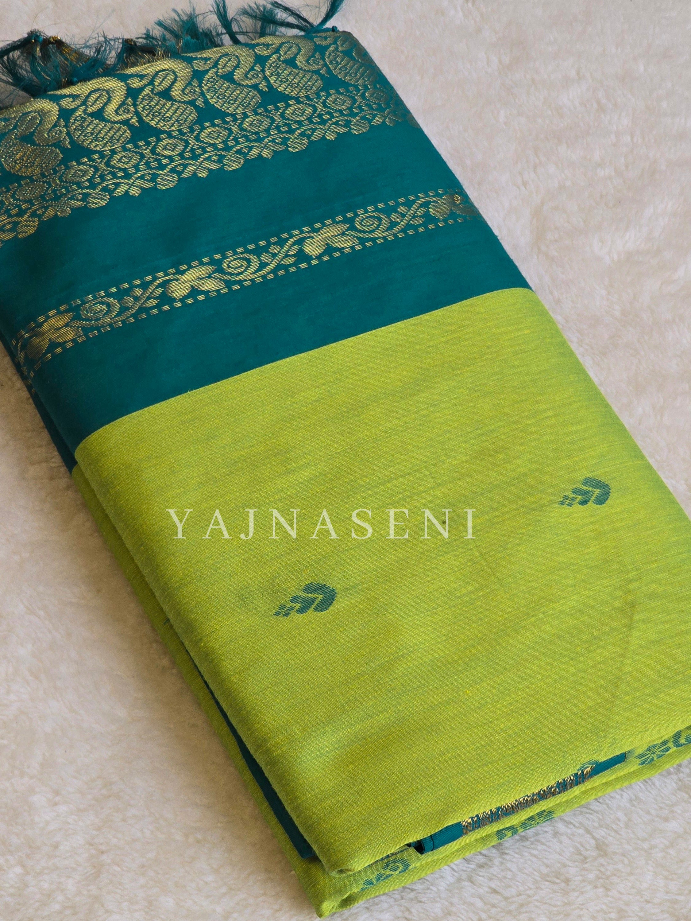 Kalyani Cotton Saree - Gold Zari : Lime Green x Turquoise