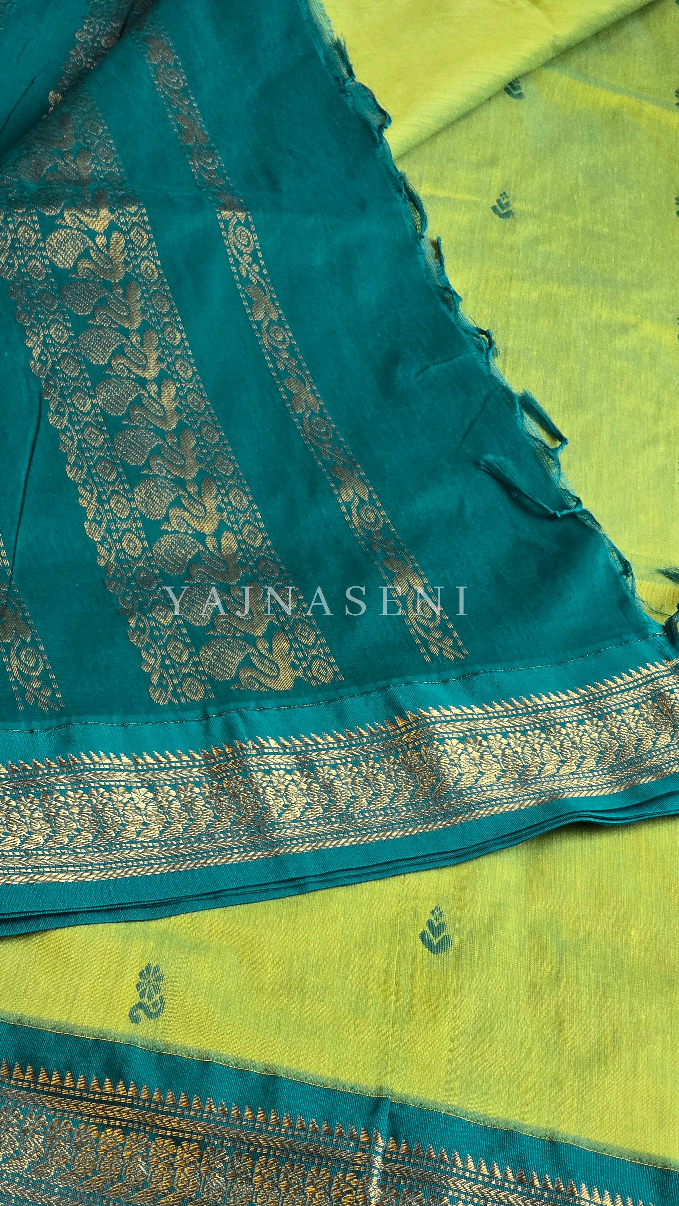 Kalyani Cotton Saree - Gold Zari : Lime Green x Turquoise
