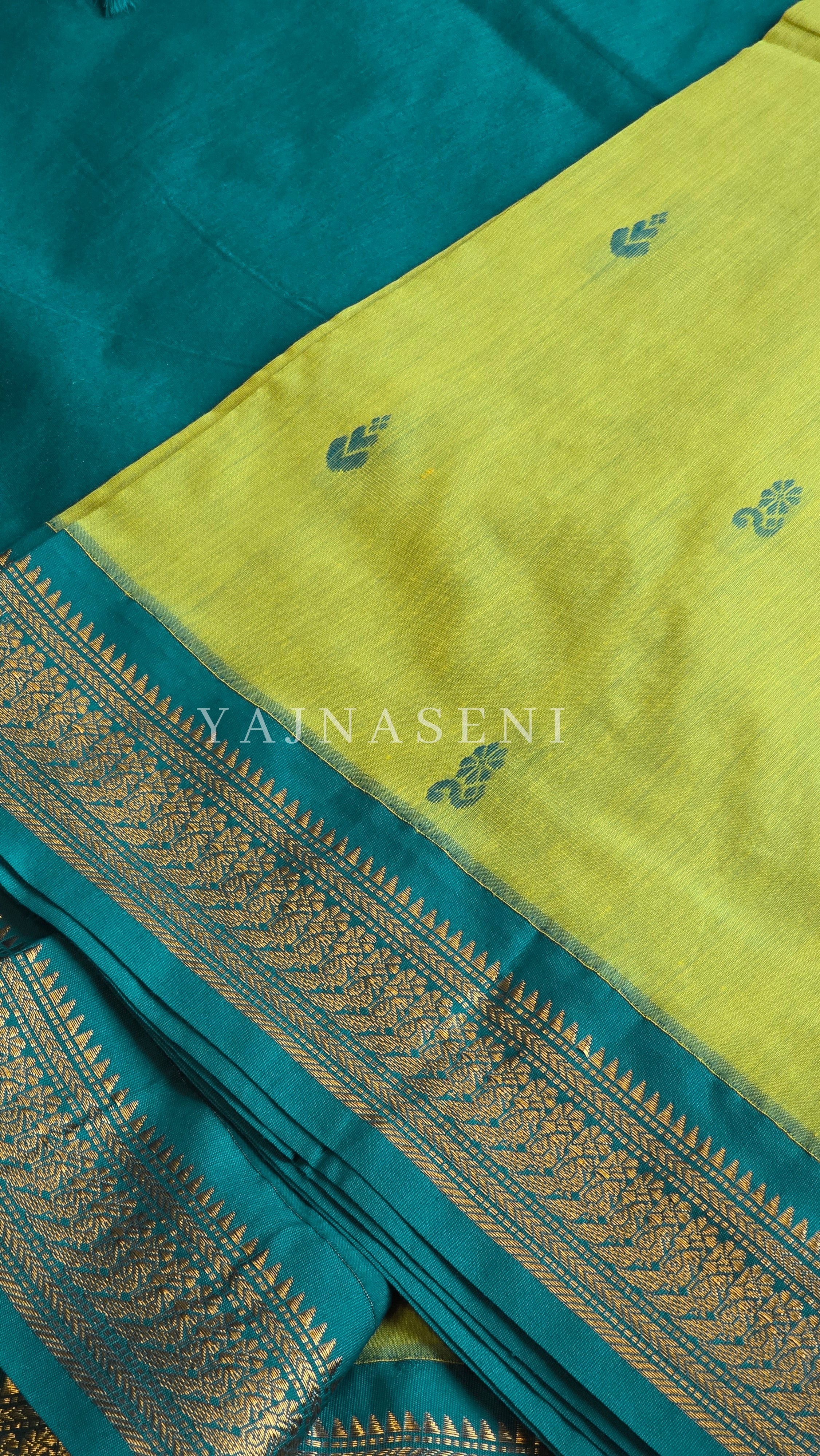 Kalyani Cotton Saree - Gold Zari : Lime Green x Turquoise
