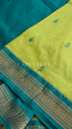 Load image into Gallery viewer, Kalyani Cotton Saree - Gold Zari : Lime Green x Turquoise
