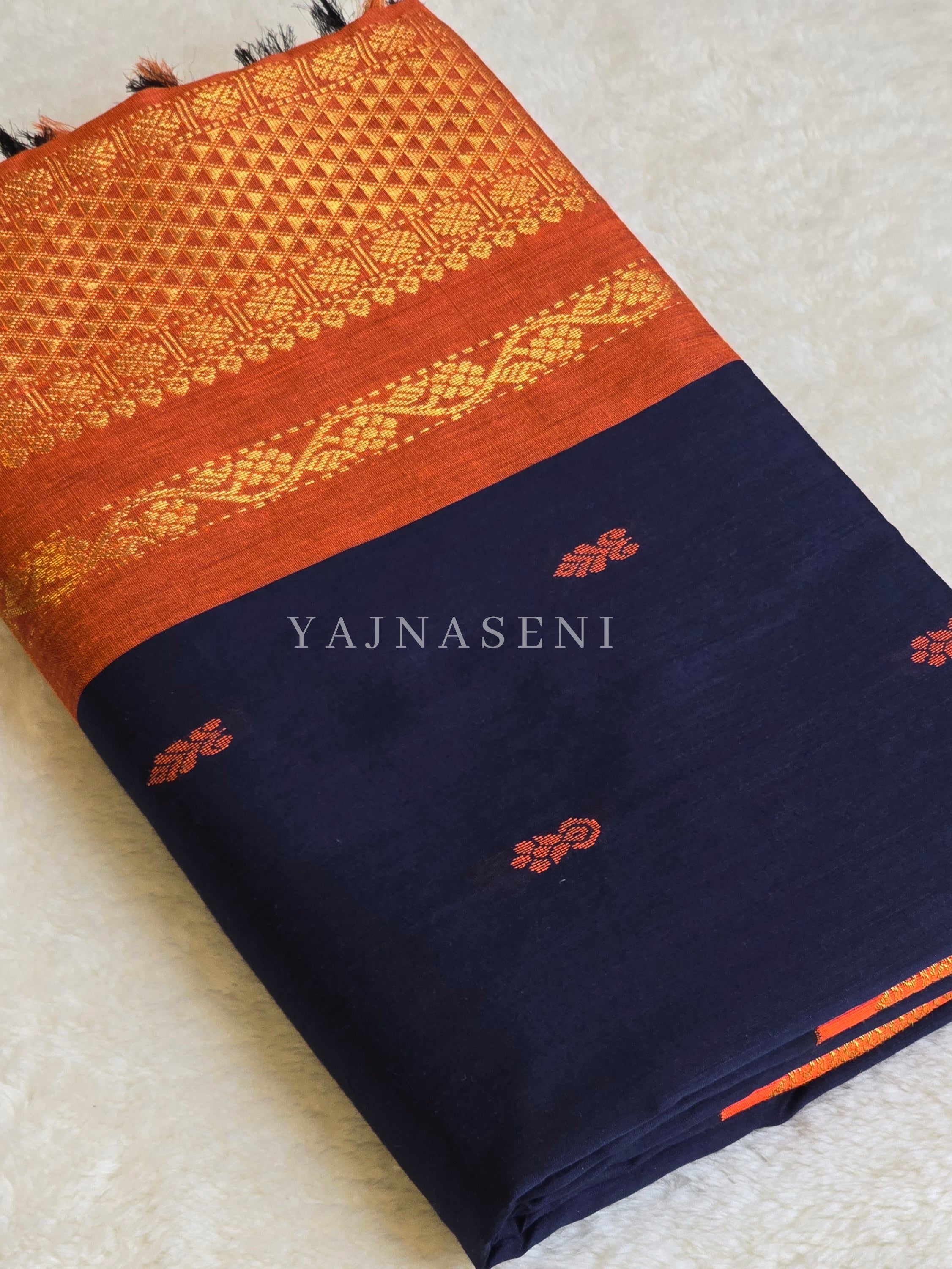 Kalyani Cotton Saree - Gold Zari : Dark Blue x Orange x Bright Orange