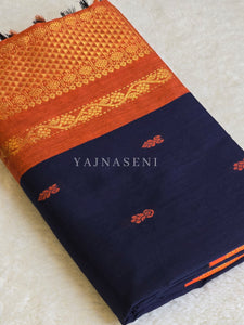 Kalyani Cotton Saree - Gold Zari : Dark Blue x Orange x Bright Orange