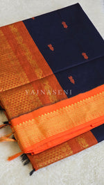 Load image into Gallery viewer, Kalyani Cotton Saree - Gold Zari : Dark Blue x Orange x Bright Orange
