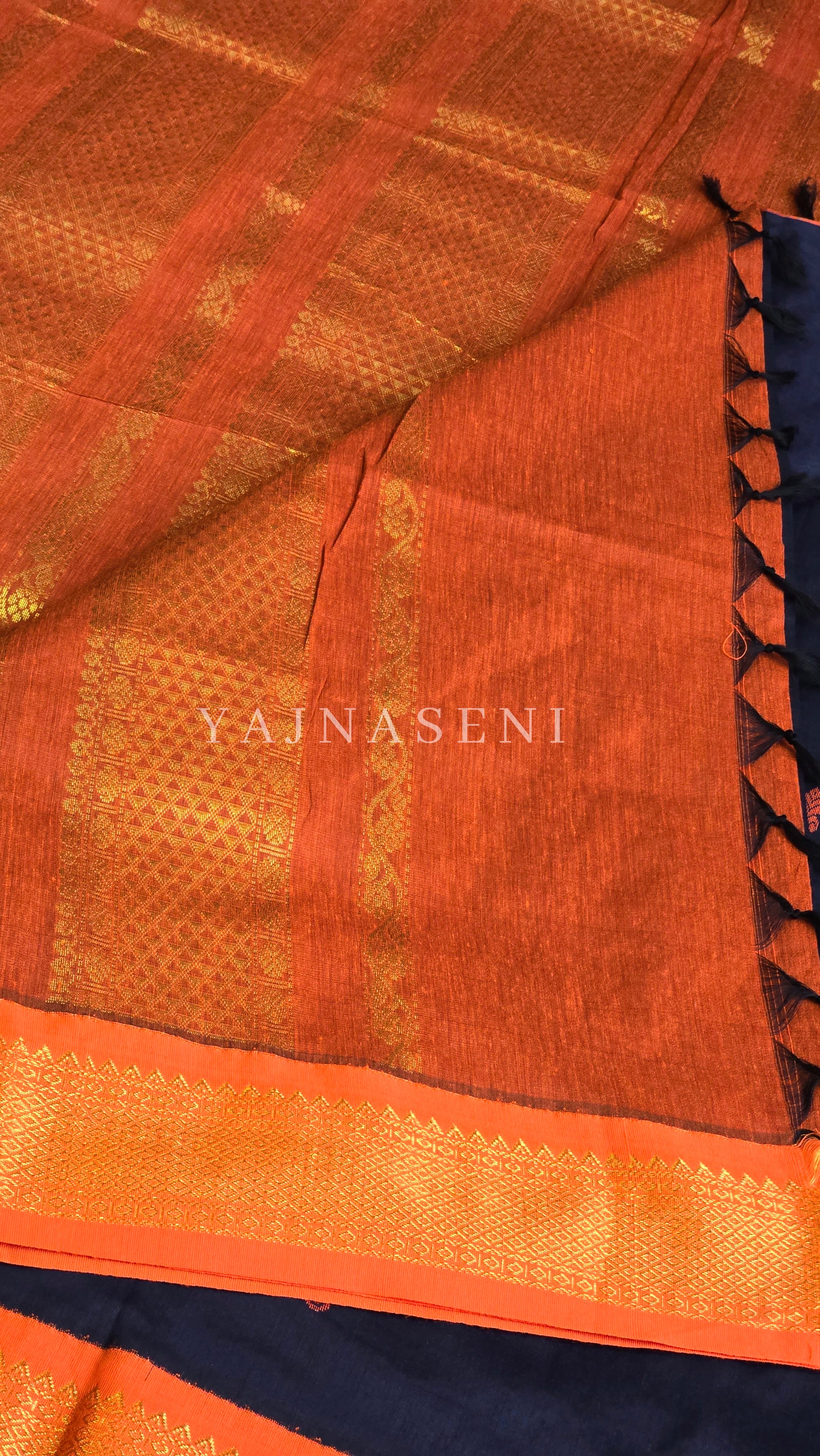Kalyani Cotton Saree - Gold Zari : Dark Blue x Orange x Bright Orange