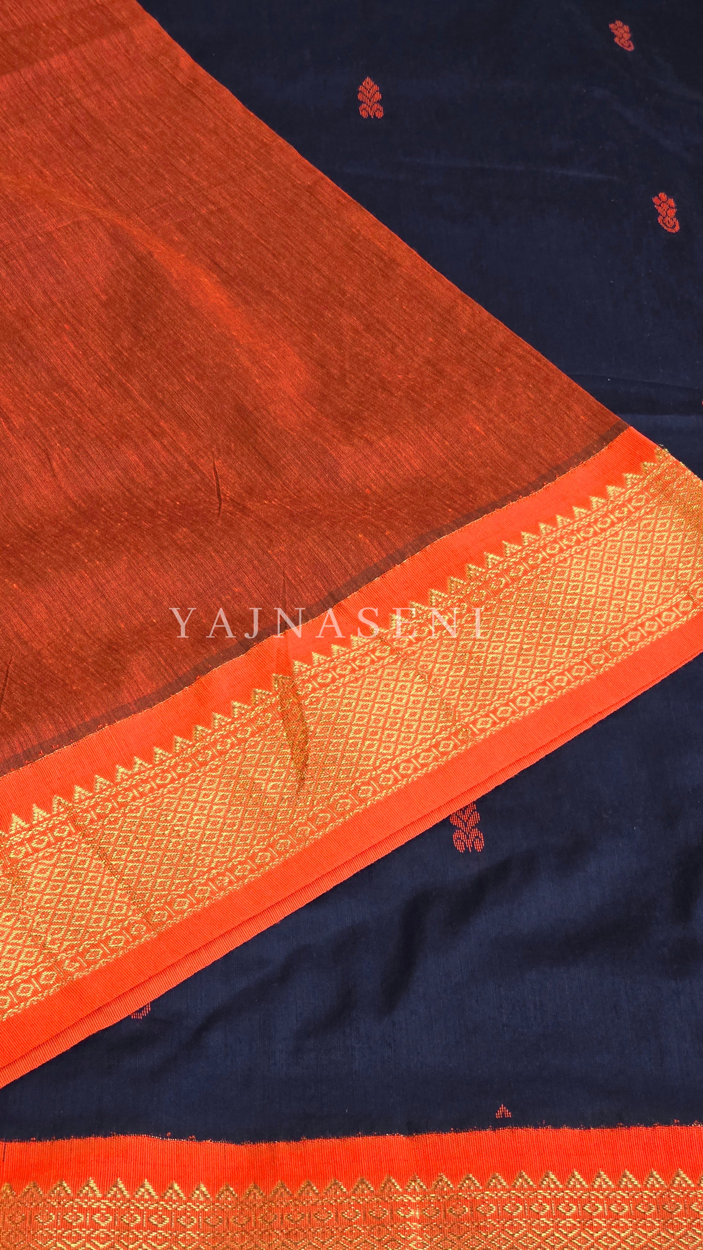 Kalyani Cotton Saree - Gold Zari : Dark Blue x Orange x Bright Orange