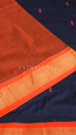 Load image into Gallery viewer, Kalyani Cotton Saree - Gold Zari : Dark Blue x Orange x Bright Orange
