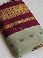 Load image into Gallery viewer, Kalyani Cotton Saree - Gold Zari : Light Sage x Maroon
