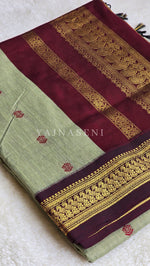 Load image into Gallery viewer, Kalyani Cotton Saree - Gold Zari : Light Sage x Maroon
