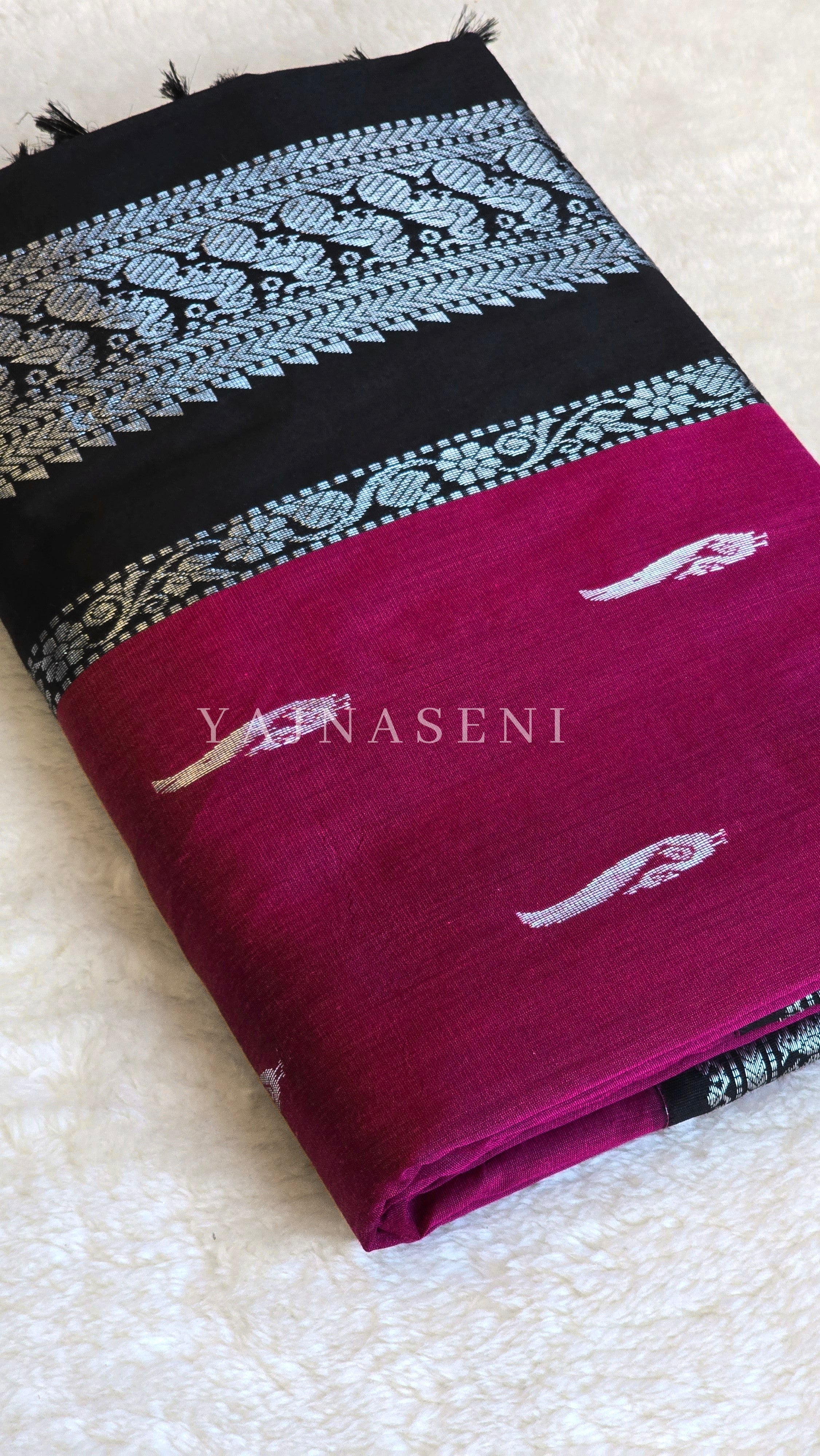 Kalyani Cotton Saree - Silver Zari : Magenta x Black