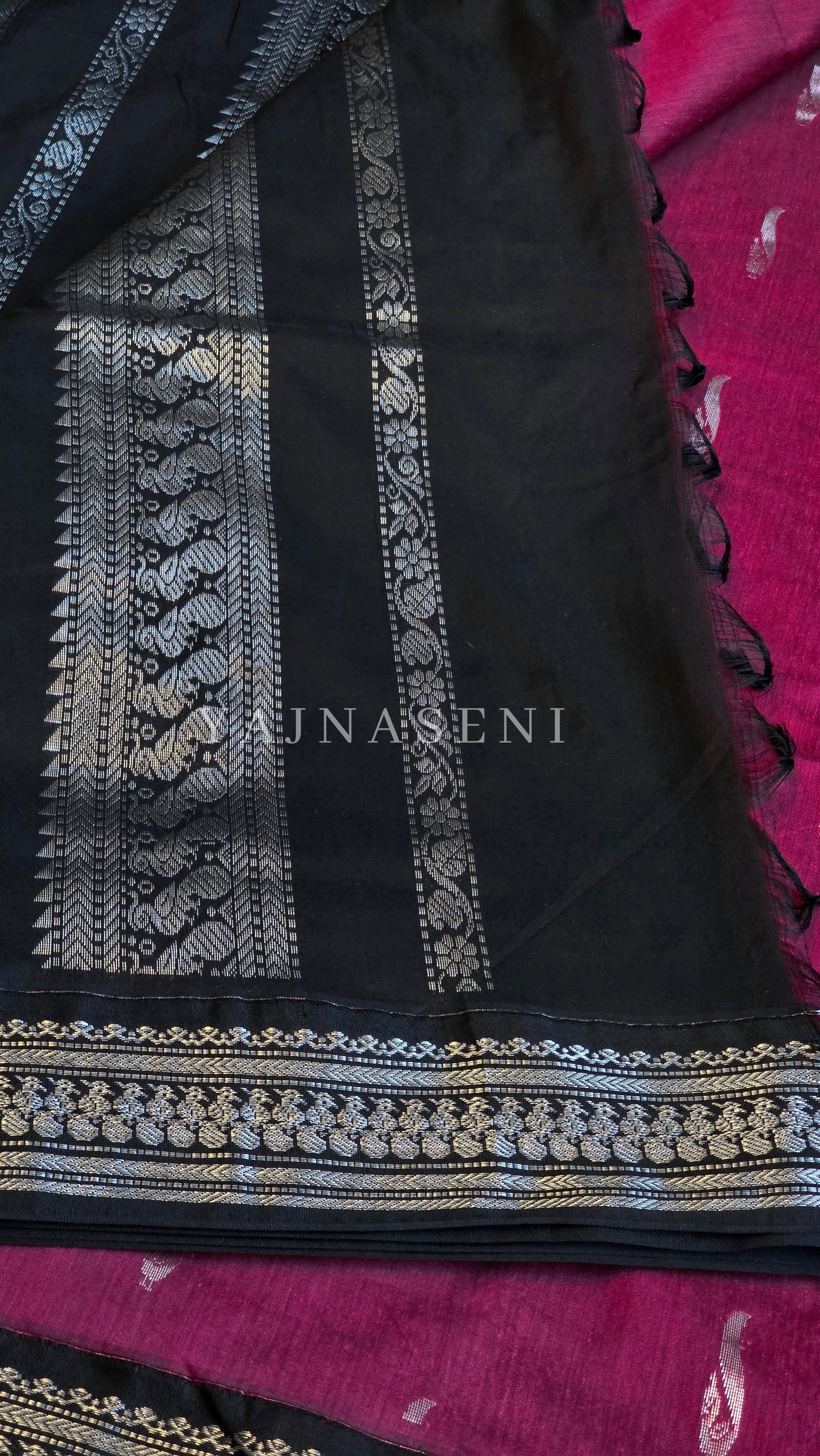 Kalyani Cotton Saree - Silver Zari : Magenta x Black