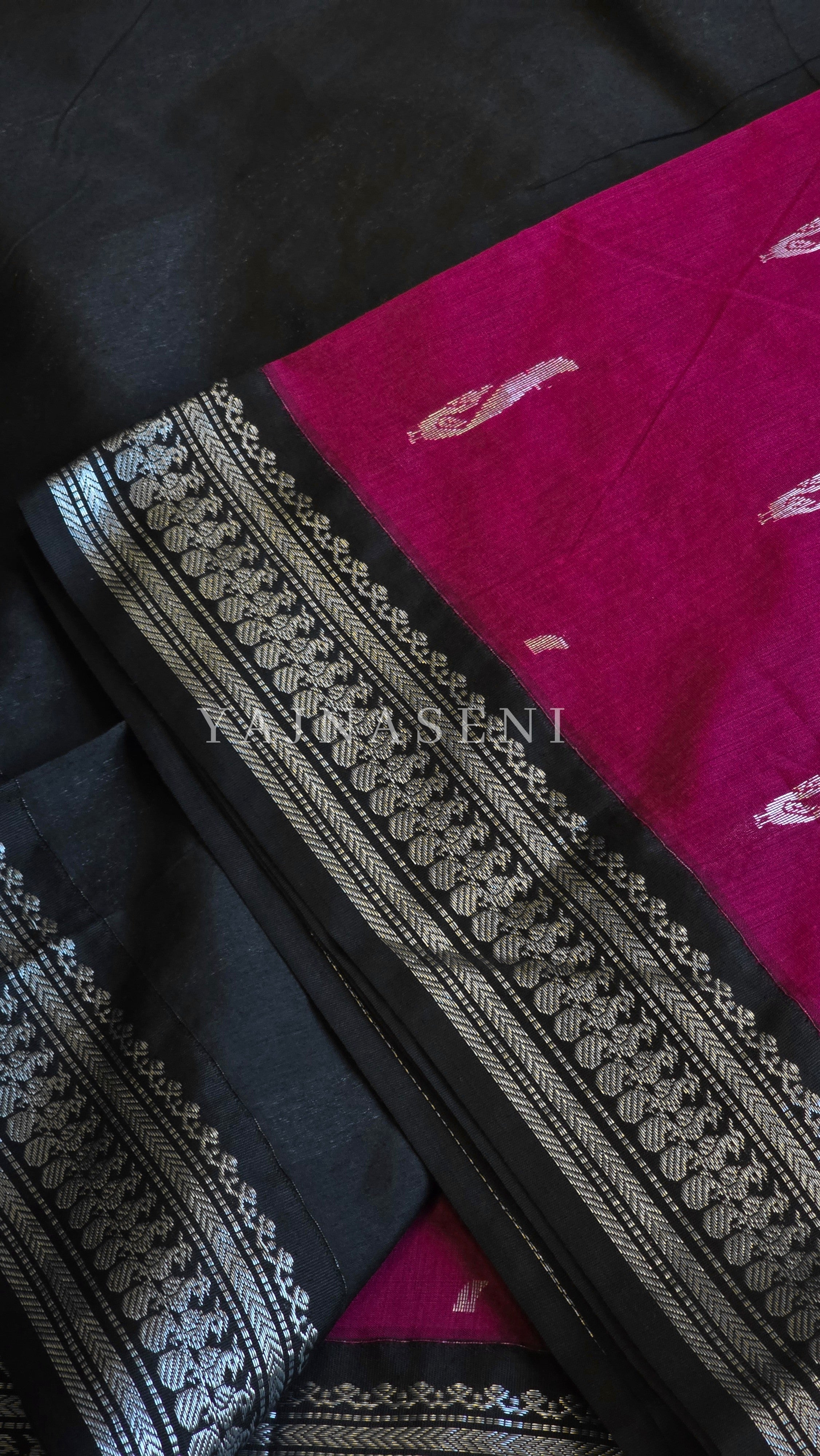 Kalyani Cotton Saree - Silver Zari : Magenta x Black