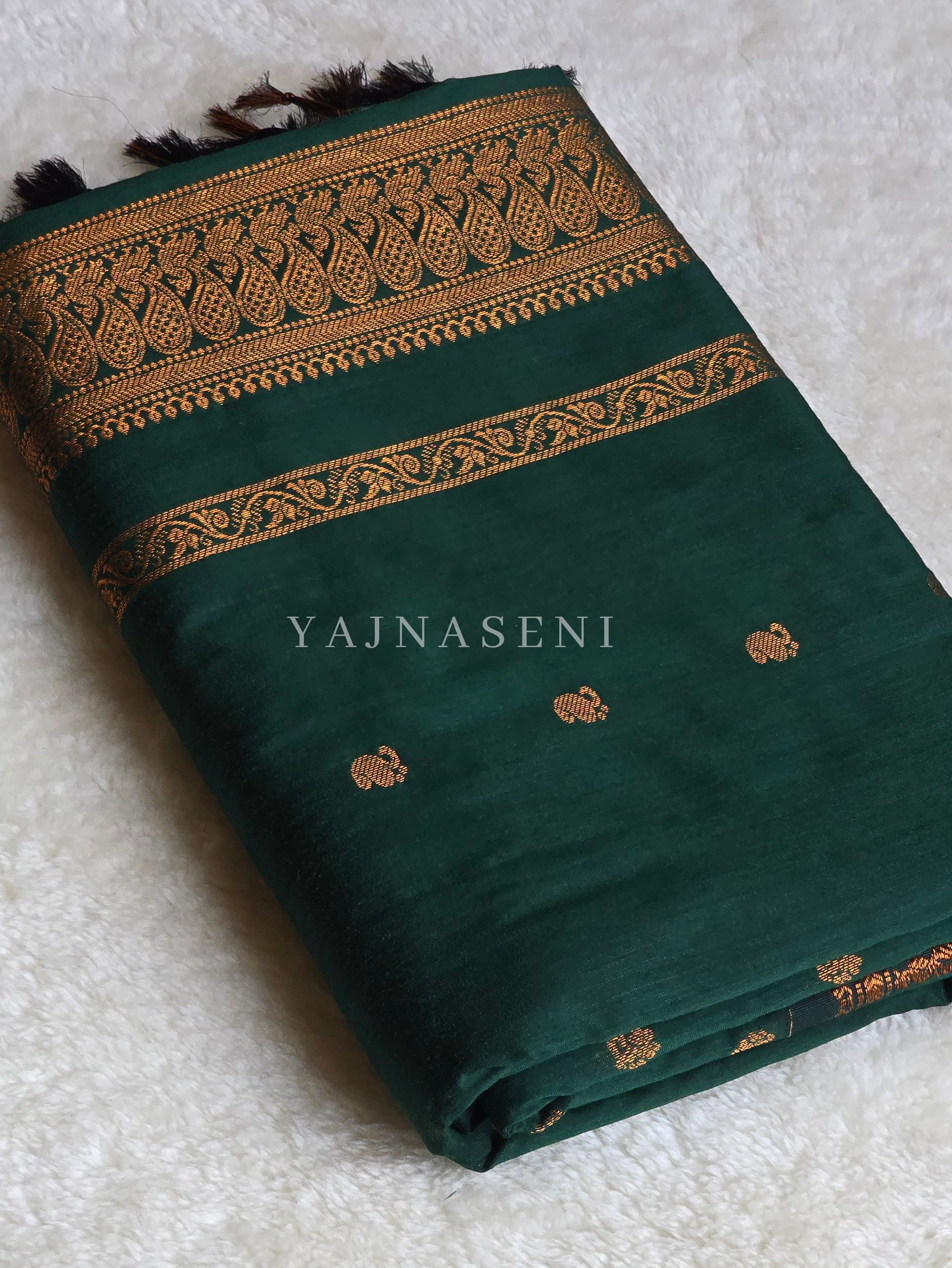 Kalyani Cotton Saree - Copper Zari : Dark Green