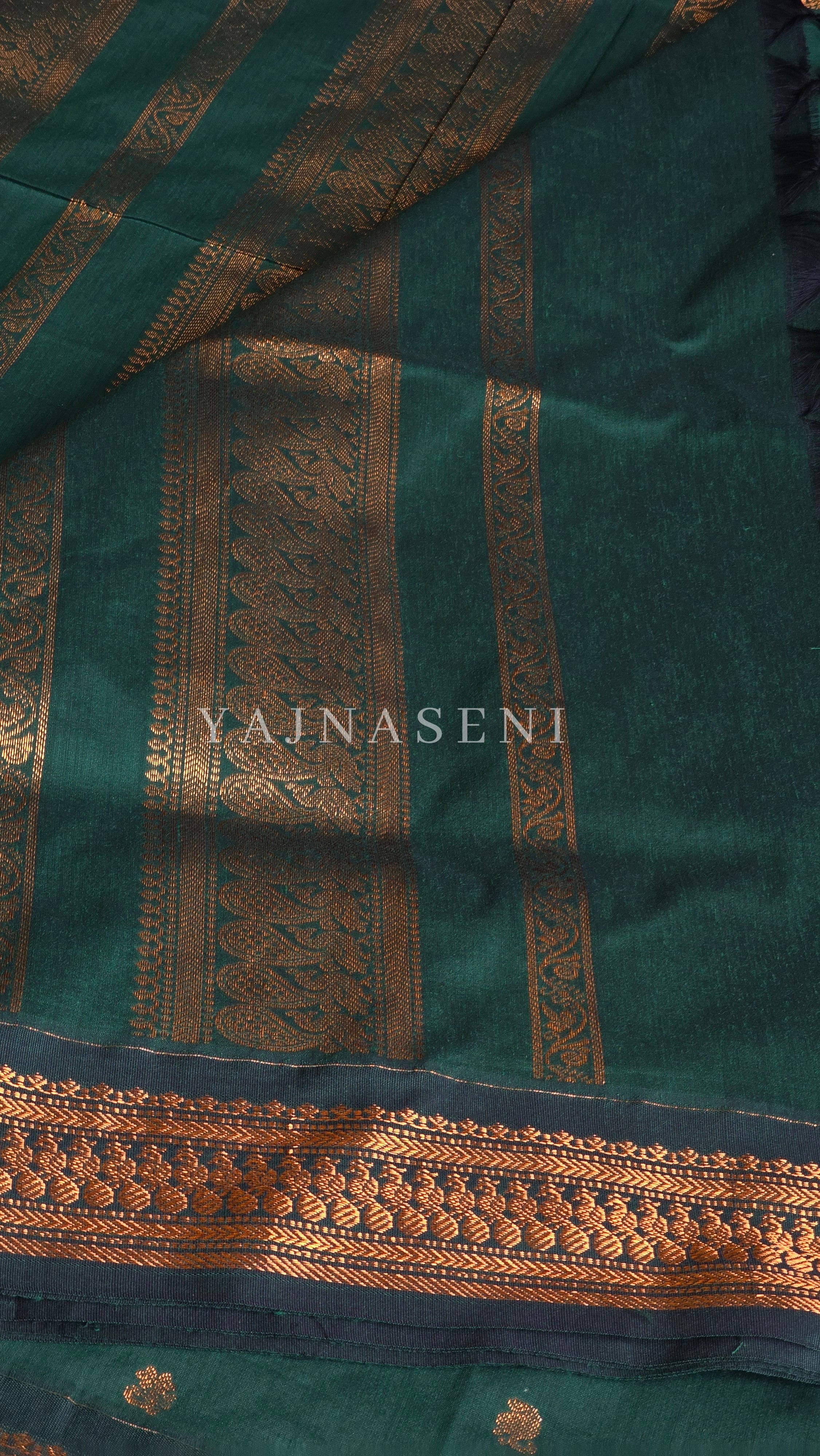 Kalyani Cotton Saree - Copper Zari : Dark Green