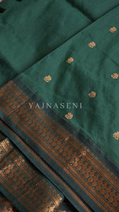 Kalyani Cotton Saree - Copper Zari : Dark Green