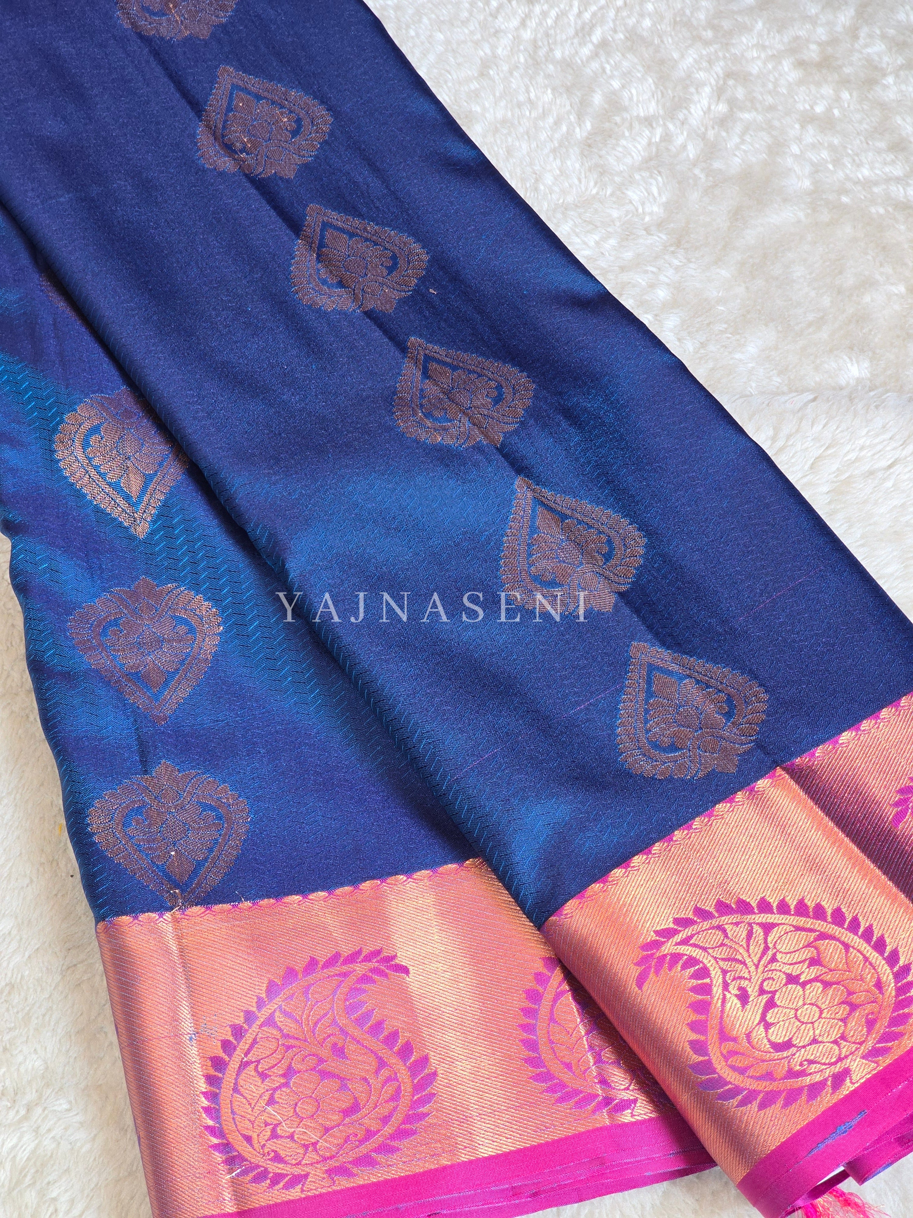 Brocade Semi Silk Saree - Navy Blue x Hot Pink