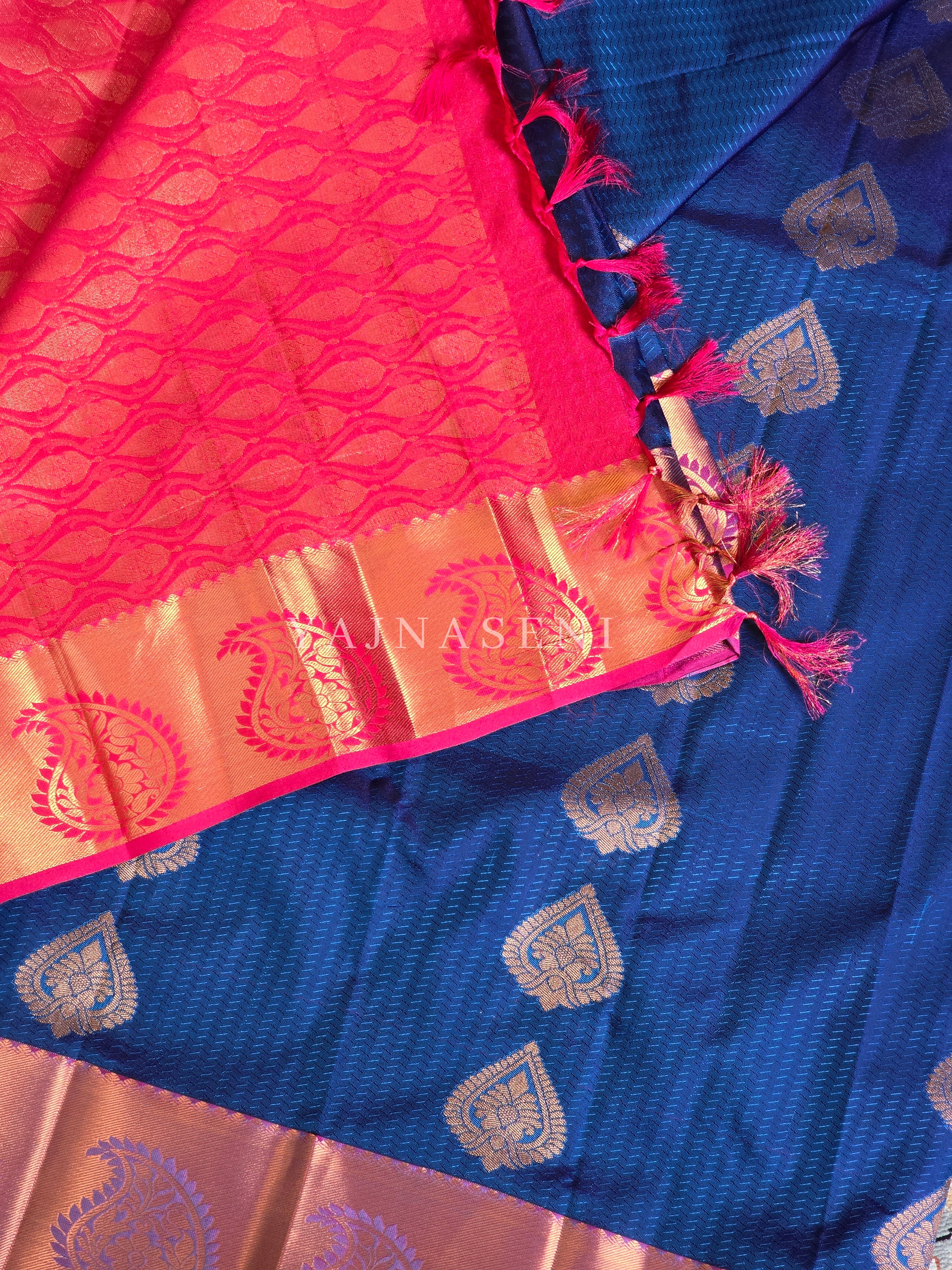 Brocade Semi Silk Saree - Navy Blue x Hot Pink