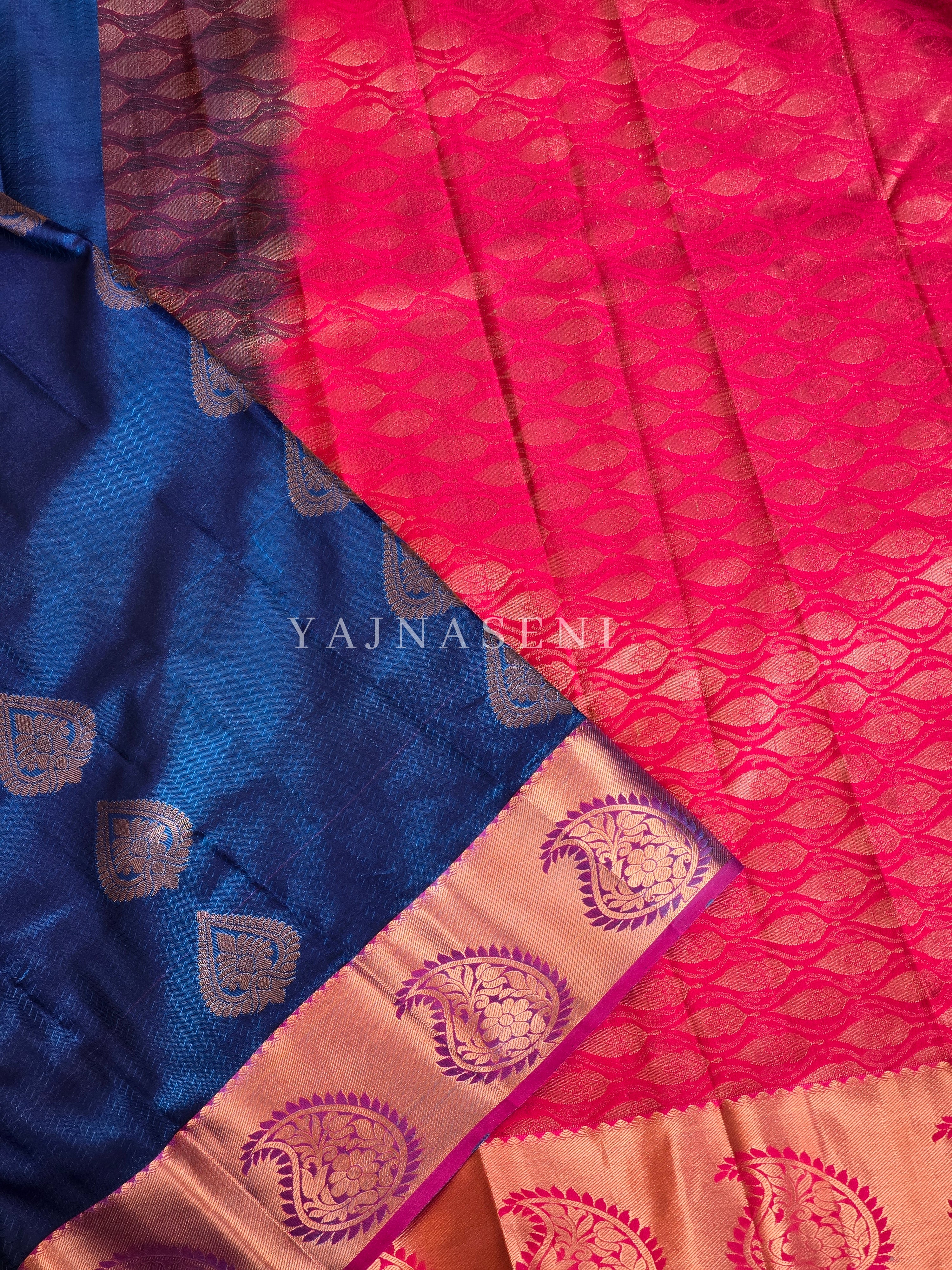 Brocade Semi Silk Saree - Navy Blue x Hot Pink