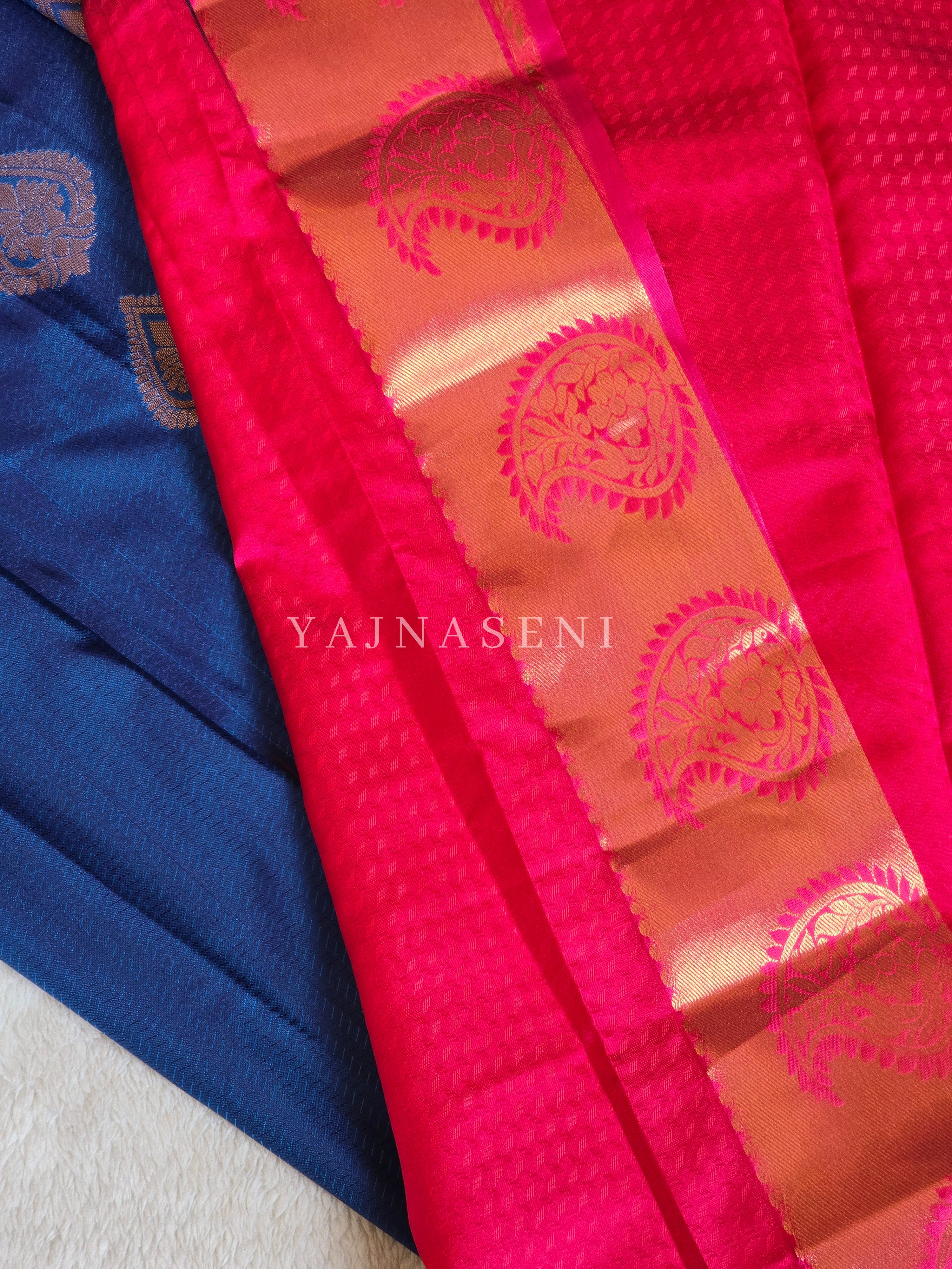 Brocade Semi Silk Saree - Navy Blue x Hot Pink