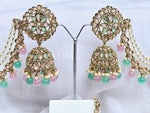 Load image into Gallery viewer, ELINA Jhumkas + tikka (Pink x Mint)

