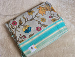 Load image into Gallery viewer, Handloom Cotton Saree x Floral Prints - Light Grey x Light Turquoise
