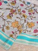 Load image into Gallery viewer, Handloom Cotton Saree x Floral Prints - Light Grey x Light Turquoise

