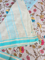 Load image into Gallery viewer, Handloom Cotton Saree x Floral Prints - Light Grey x Light Turquoise

