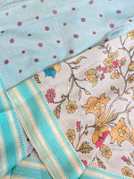 Load image into Gallery viewer, Handloom Cotton Saree x Floral Prints - Light Grey x Light Turquoise

