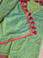 Load image into Gallery viewer, Mulmul Cotton x PomPom Saree : Aqua Green x Hot Pink
