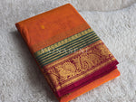 Load image into Gallery viewer, Kanchi Cotton Saree x Elephant &amp; Peacock Border : Dark Sandalwood x Maroon
