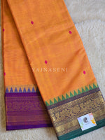 Load image into Gallery viewer, Kanchi Cotton Saree x Ganga-Jamuna Border : Sunset x Purple x Green
