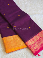 Load image into Gallery viewer, Kanchi Cotton Saree x Ganga-Jamuna Border : Dark Purple x Amber x Hot Pink

