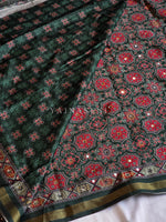 Load image into Gallery viewer, Aura Semi Silk x Ajrakh Prints x Mirrors : Dark Green
