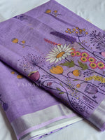 Load image into Gallery viewer, Printed Linen Cotton Saree x Silver Zari Border : Purple
