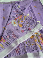 Load image into Gallery viewer, Printed Linen Cotton Saree x Silver Zari Border : Purple
