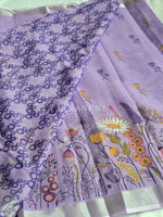 Load image into Gallery viewer, Printed Linen Cotton Saree x Silver Zari Border : Purple
