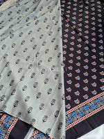 Load image into Gallery viewer, Blended Muslin x Ajrakh Prints Saree : Black x Wine x Blue (Mini Lotus Prints)
