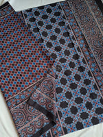 Load image into Gallery viewer, Blended Muslin x Ajrakh Prints Saree : Black x Deep Wine x Blue

