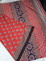 Load image into Gallery viewer, Blended Muslin x Ajrakh Prints Saree : Red x Black x Blue
