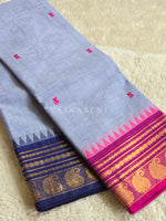 Load image into Gallery viewer, Kanchi Cotton Saree x Ganga-Jamuna Border : Greyish Blue x Berry x Dark Blue
